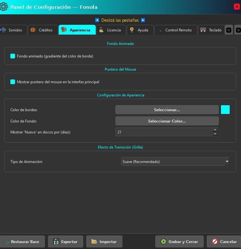 Panel de apariencia de Fonola