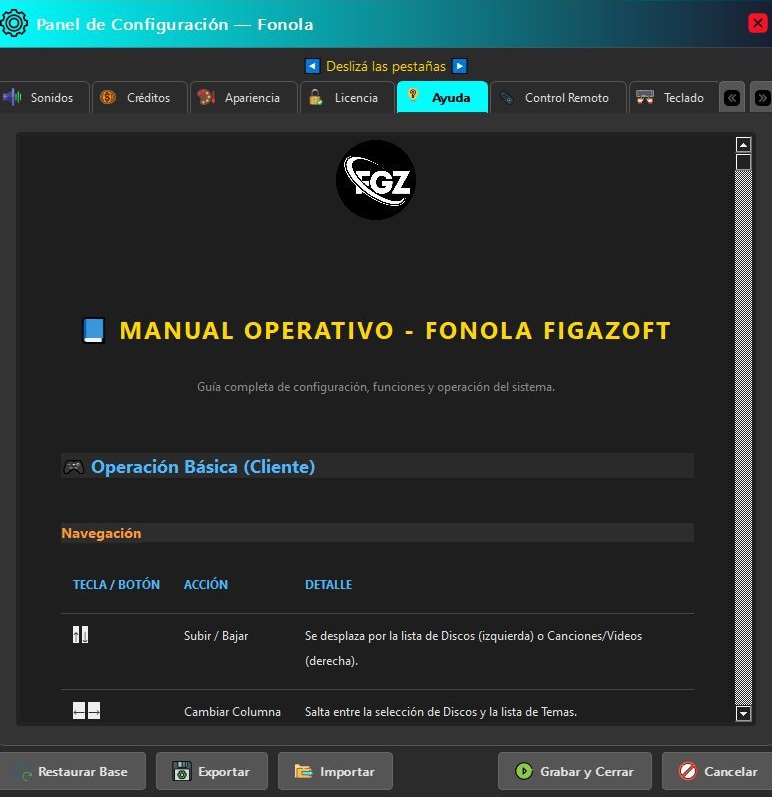 Panel de ayuda de Fonola