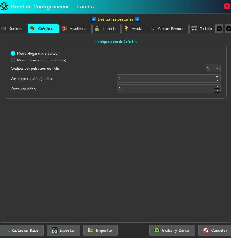 Panel de configuración de créditos de Fonola