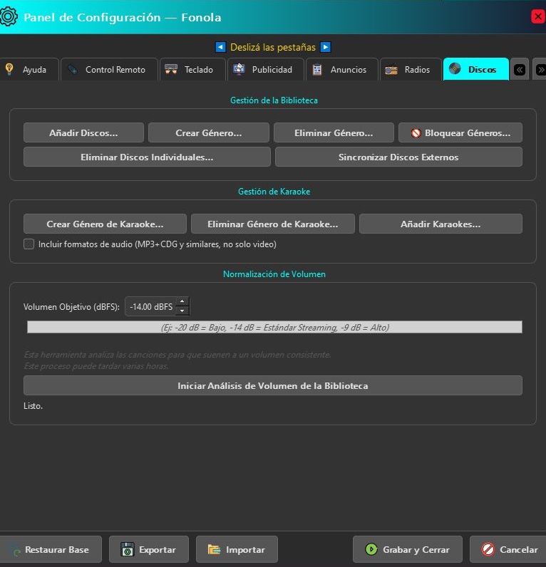 Panel de gestión de discos y karaoke de Fonola