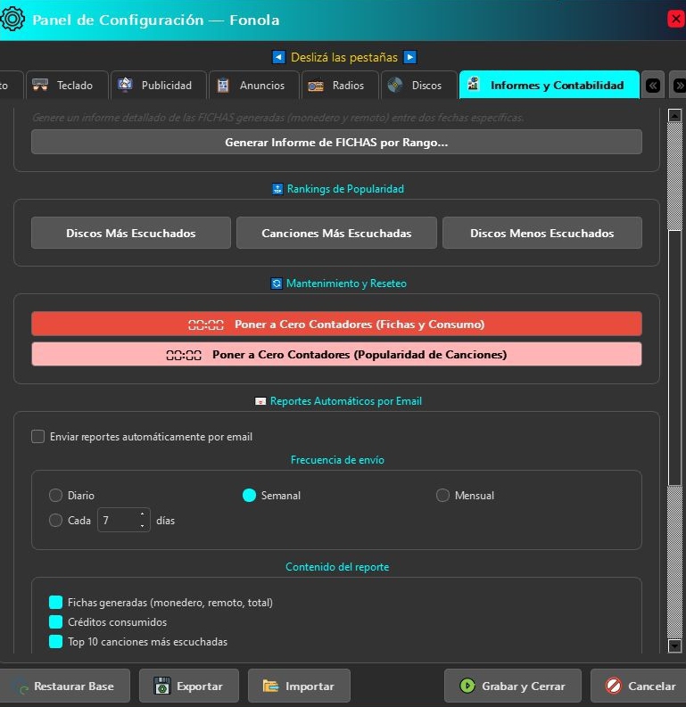 Panel de informes y contabilidad de Fonola