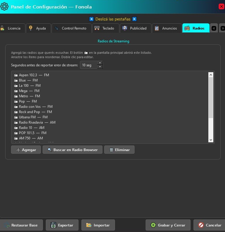 Panel de radios de streaming de Fonola