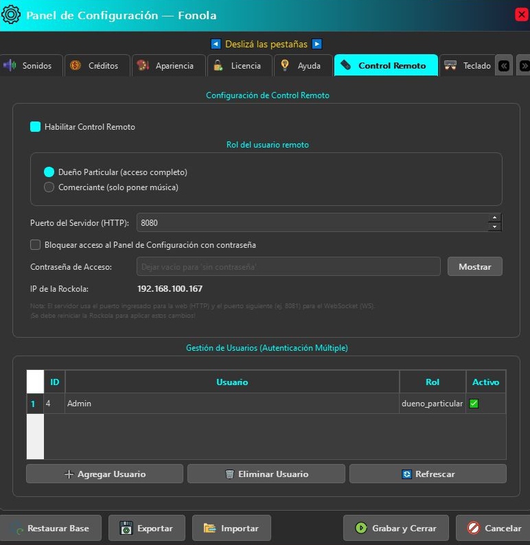 Panel de configuración de control remoto de Fonola