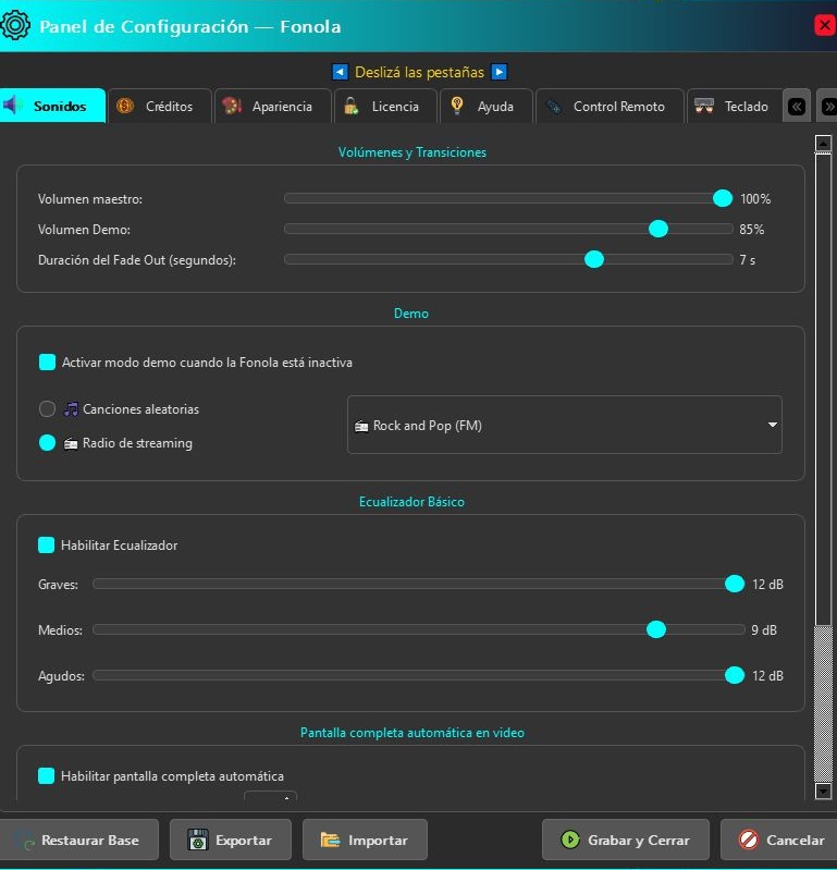 Panel de configuración de sonido de Fonola