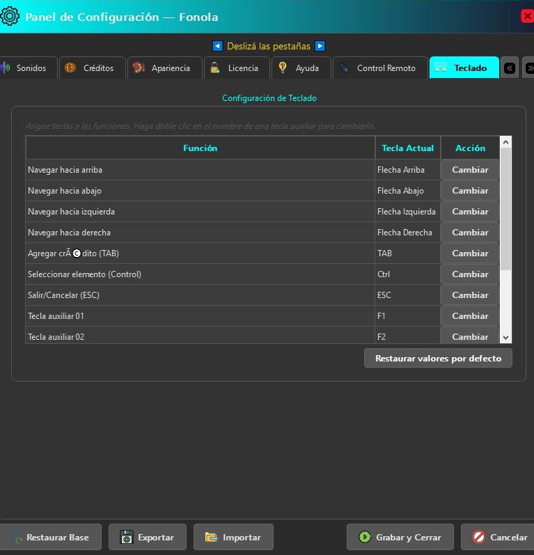 Panel de configuración de teclado de Fonola