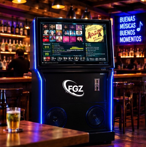 Fonola instalada en la barra de un bar, con luces de neón azul
