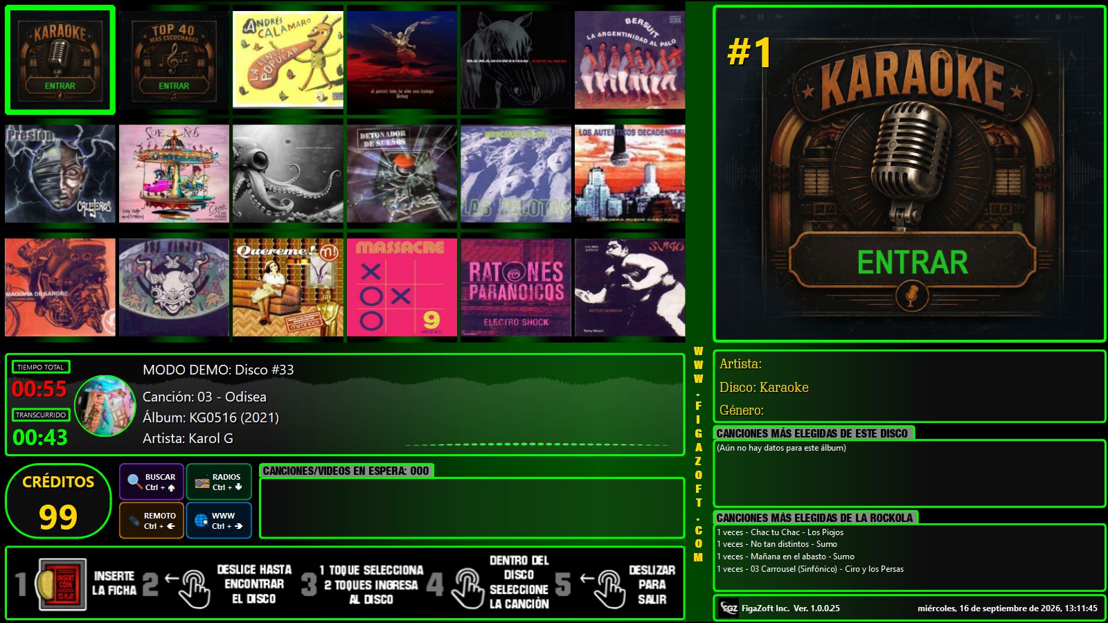 Sección de Karaoke de Fonola, tema verde